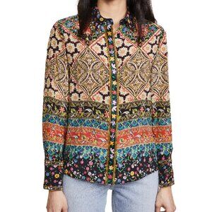 Alice + Olivia Willa Renzo Tile Print Silk Blouse Top Floral Stripe Bohemian L